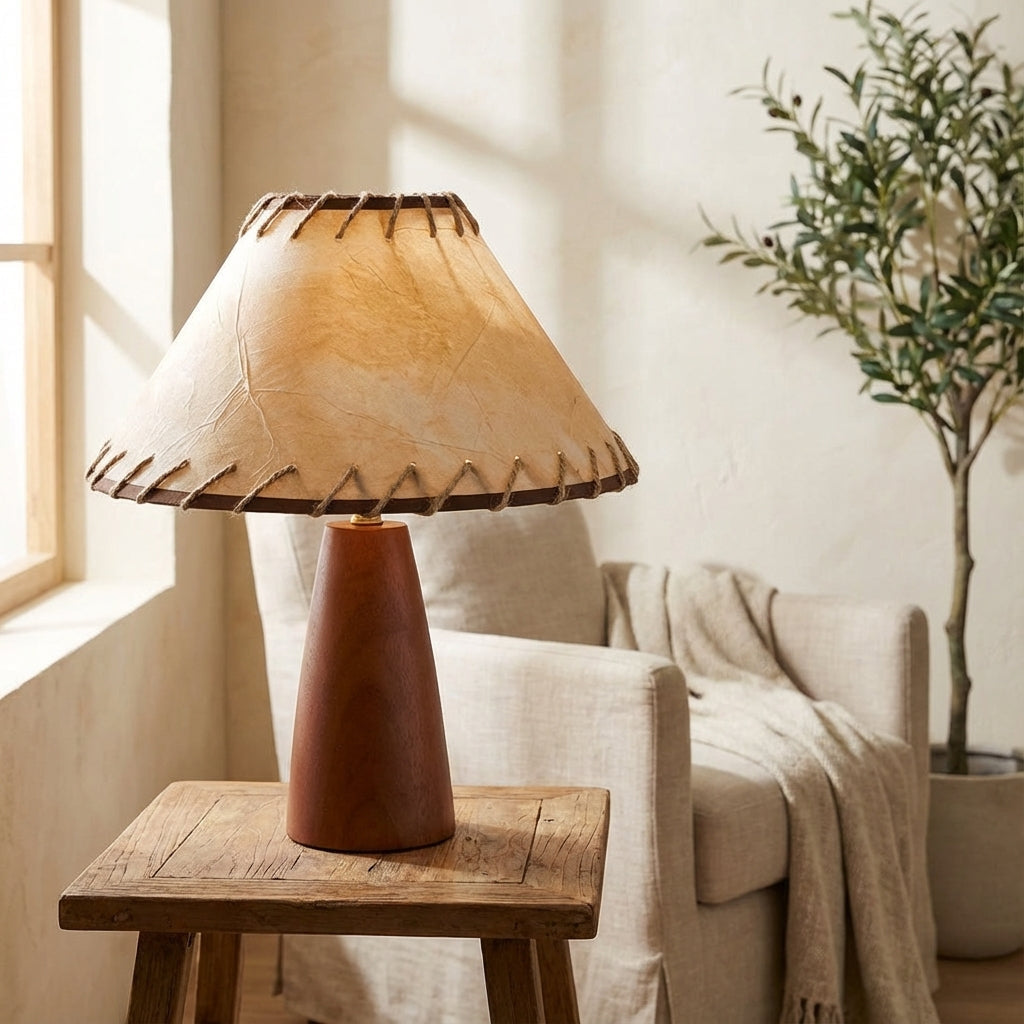 Bordlampe i tre med kjeglefot og sydd skjerm i lys beige, Mørkt tre og beige