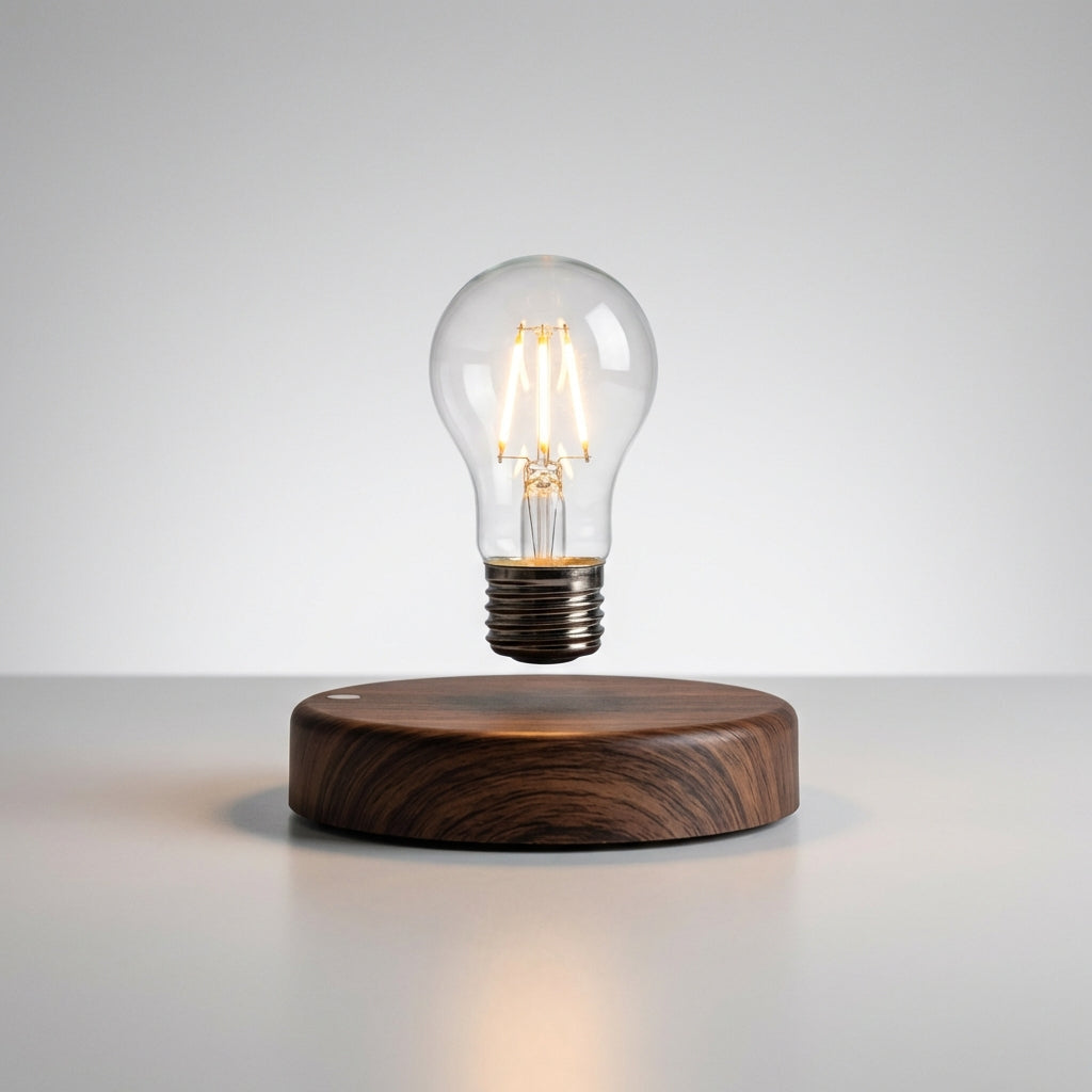 Bordlampe med svevende lyspære på rund fot i trekompositt, Mørkt tre og klar
