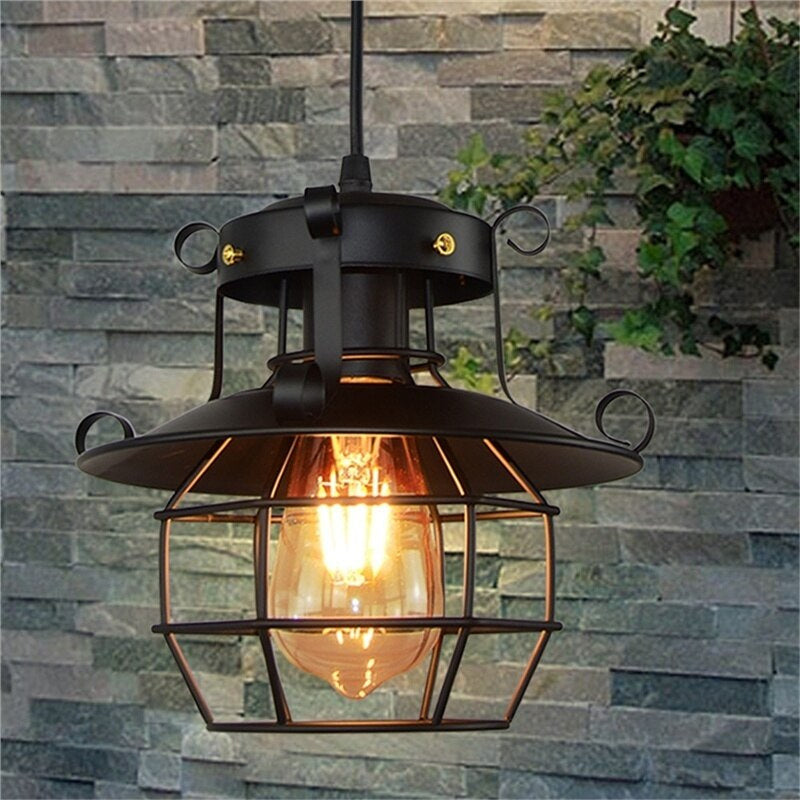 Industriell pendellampe med metallbur og bronsefinish, Bronse
