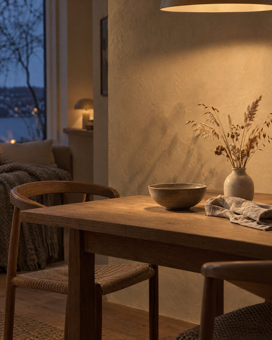 Spisebord i tre med keramikkbolle i varmt lys fra en pendellampe