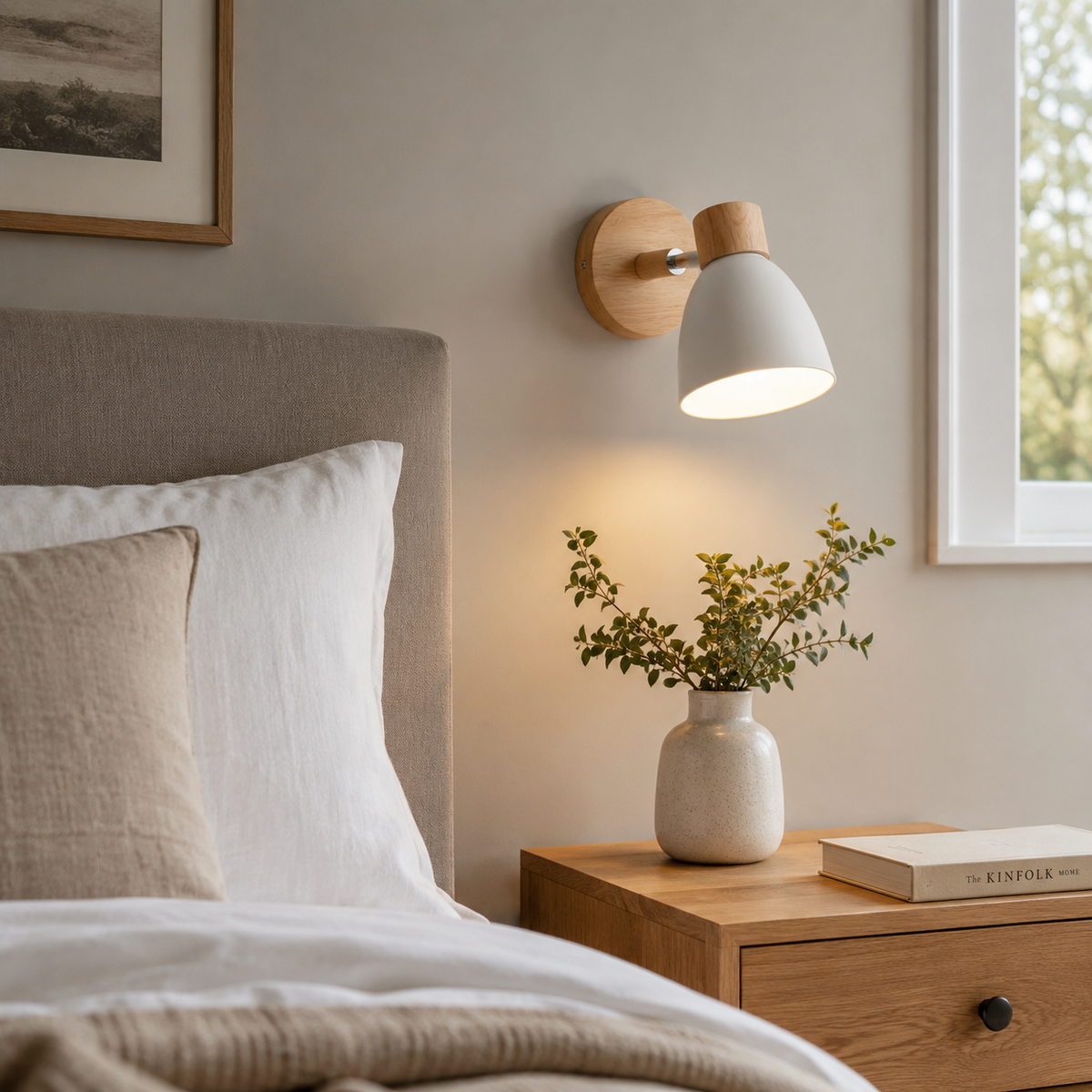 Vegglampe i metall med trearm - justerbar leselampe i nordisk stil