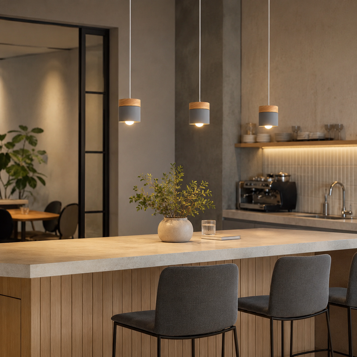 Pendellampe i miniformat med metallskjerm og tretopp i loftstil