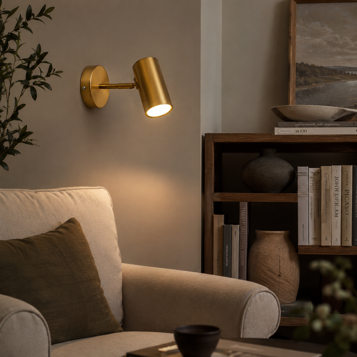 Vegglampe med LED og justerbar svingarm i matt svart eller gull