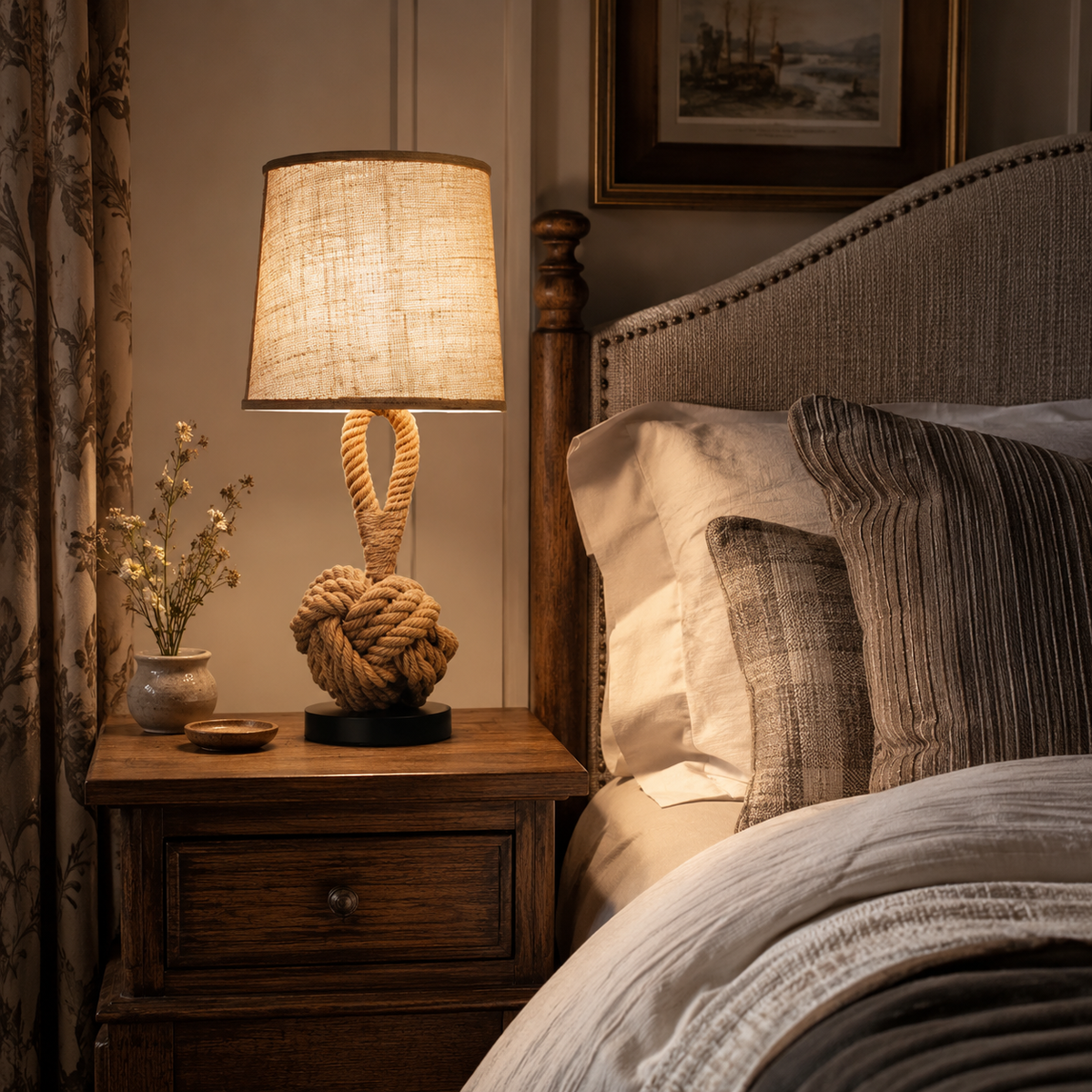 Bordlampe med hampetau og linskjerm - rustikk kyststil