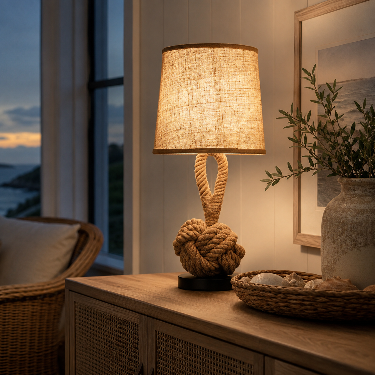 Bordlampe med hampetau og linskjerm - rustikk kyststil