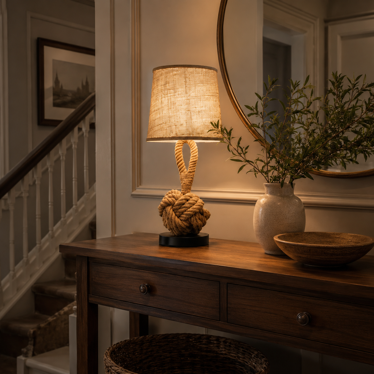Bordlampe med hampetau og linskjerm - rustikk kyststil