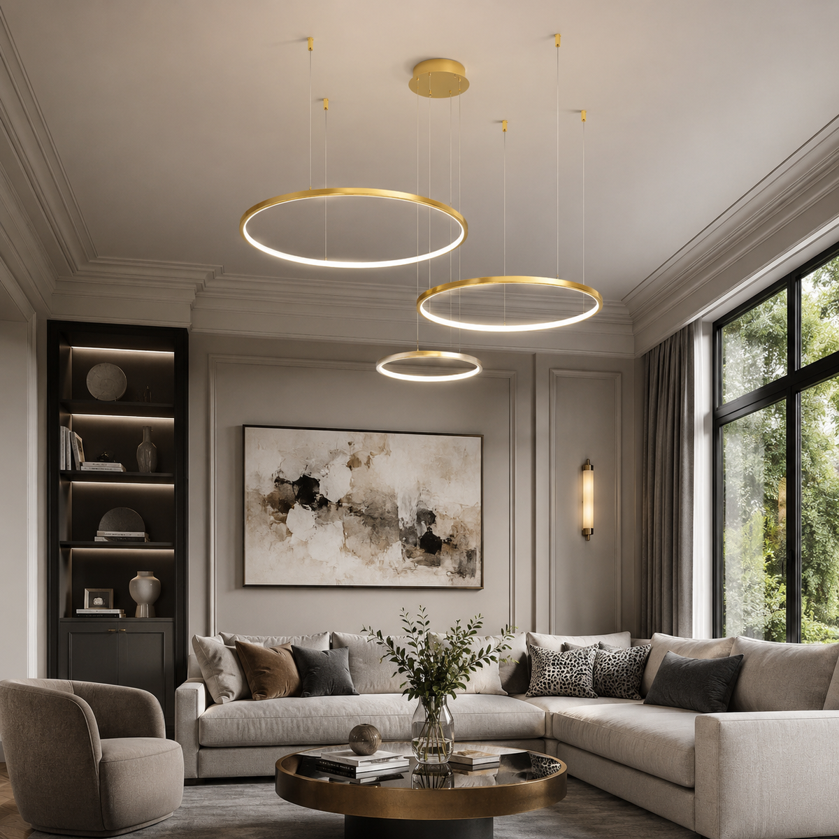 Lysekrone med LED og minimalistiske ringer i børstet gull