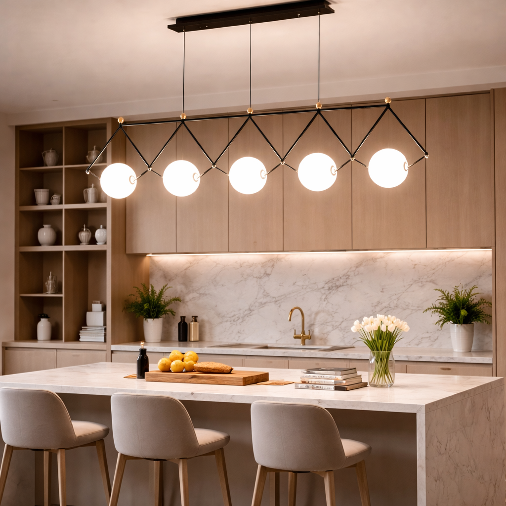 Lysekrone i jern med LED, frostet glass og 3 lysmoduser