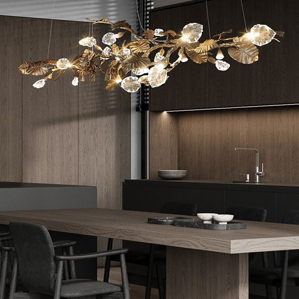 Lysekrone med LED og lotusblader - messing, kobber og glass