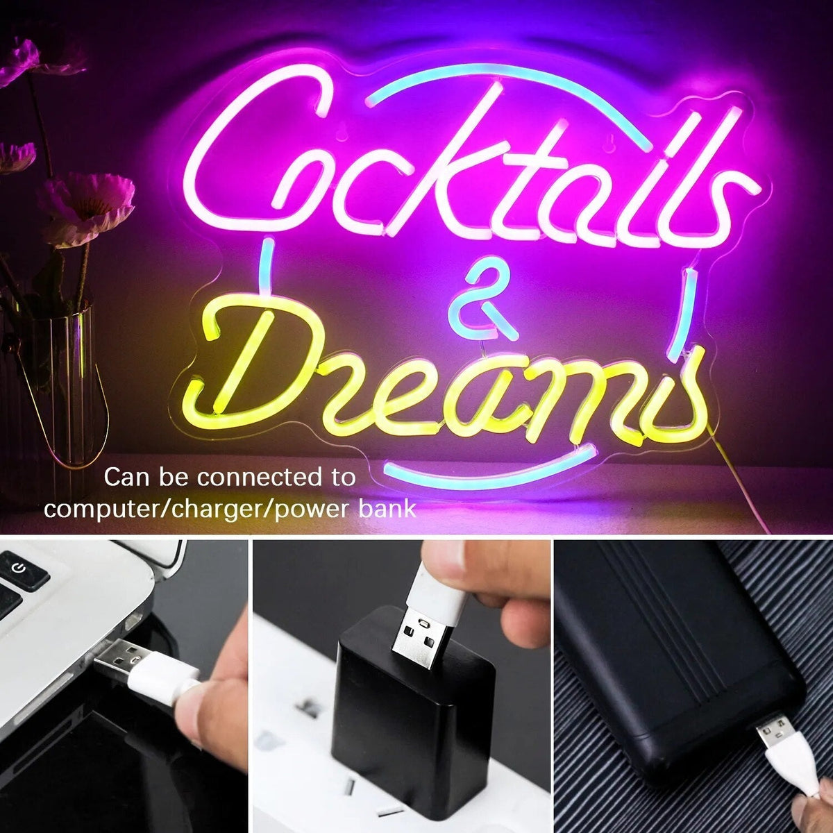 LED-neonskilt med cocktail- og ølmotiv - USB-drevet bardekorasjon