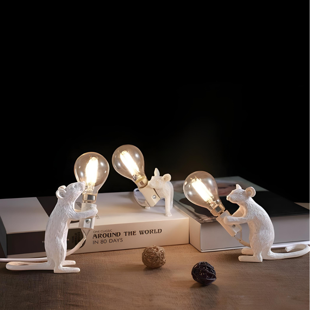 Bordlampe med musemotiv i harpiks - art deco-stil med LED