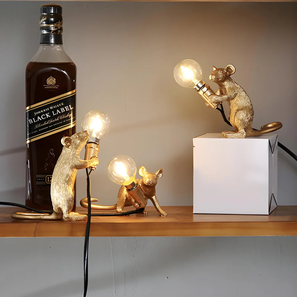 Bordlampe med musemotiv i harpiks - art deco-stil med LED