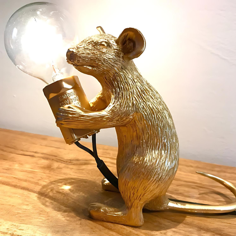 Bordlampe med musemotiv i harpiks - art deco-stil med LED
