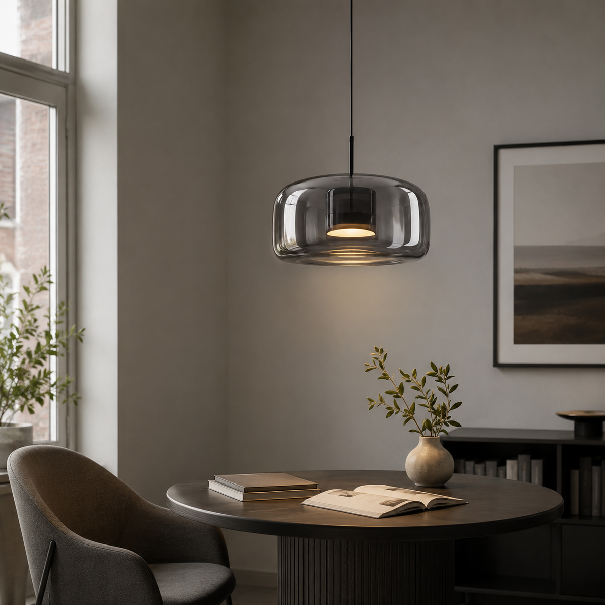 Pendellampe i retrostil med tonet glass og gullfarget metall