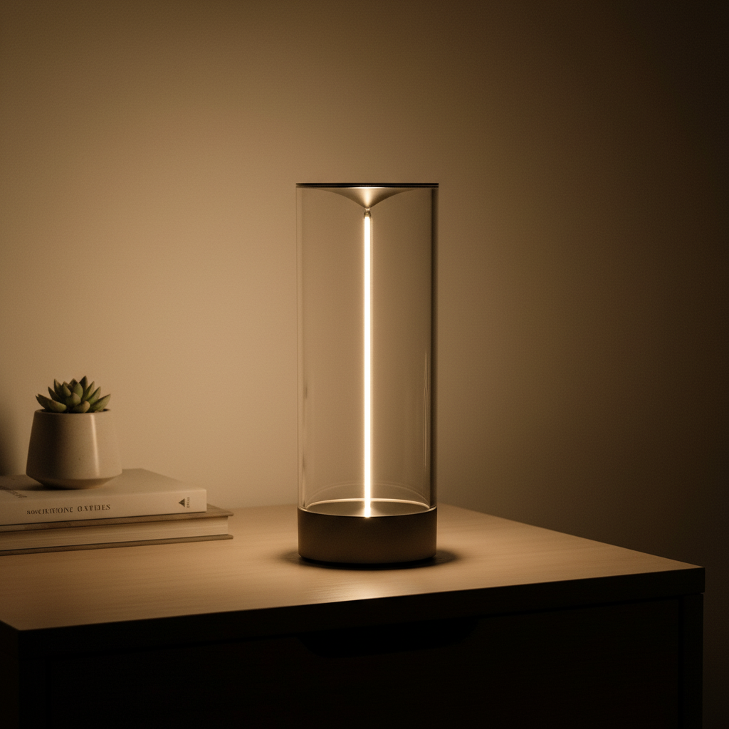 LED bordlampe i klar sylinder med lysstripe, trådløs, Klar og svart