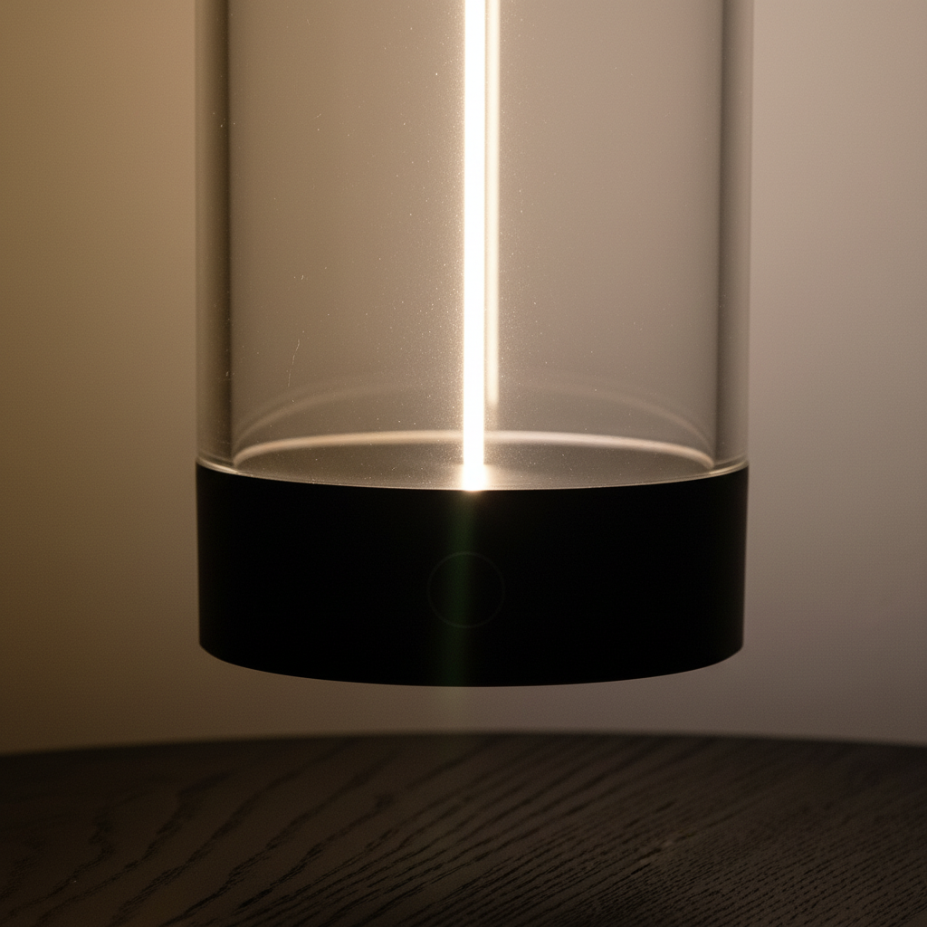 LED bordlampe i klar sylinder med lysstripe, trådløs, Klar og svart