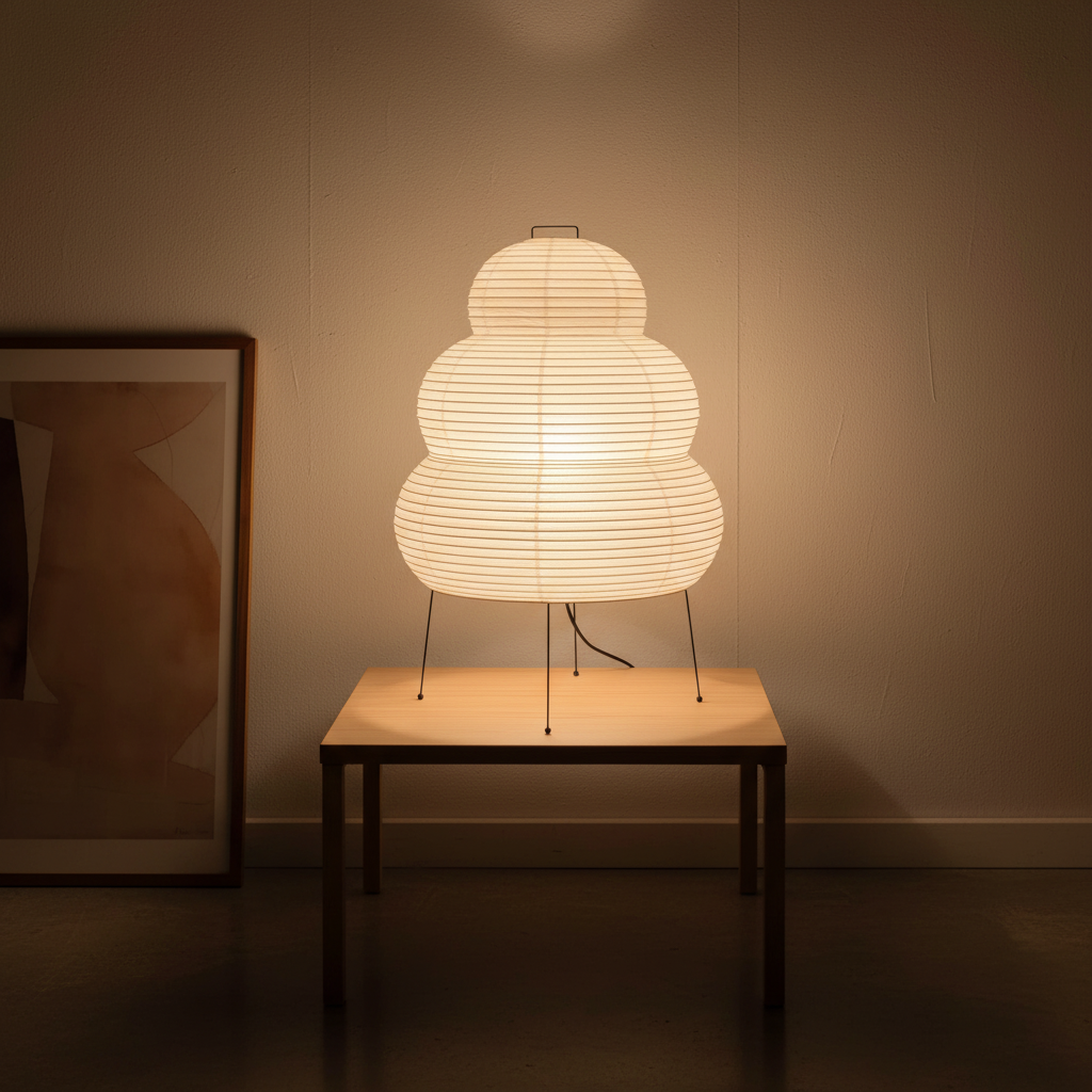 Papirlampe som bordlampe i mullbærpapir på tynne metallben, Hvit