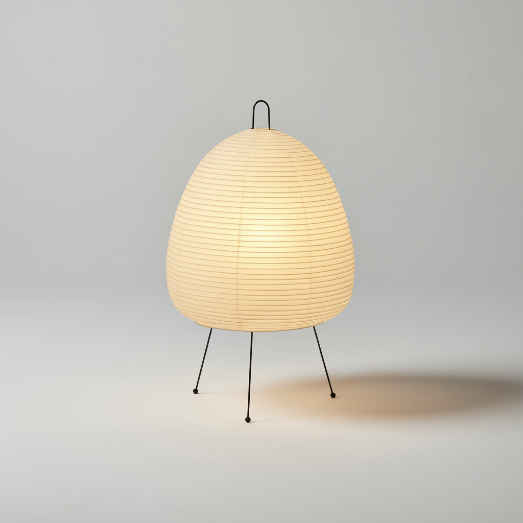 Papirlampe som bordlampe i mullbærpapir på tynne metallben, Hvit