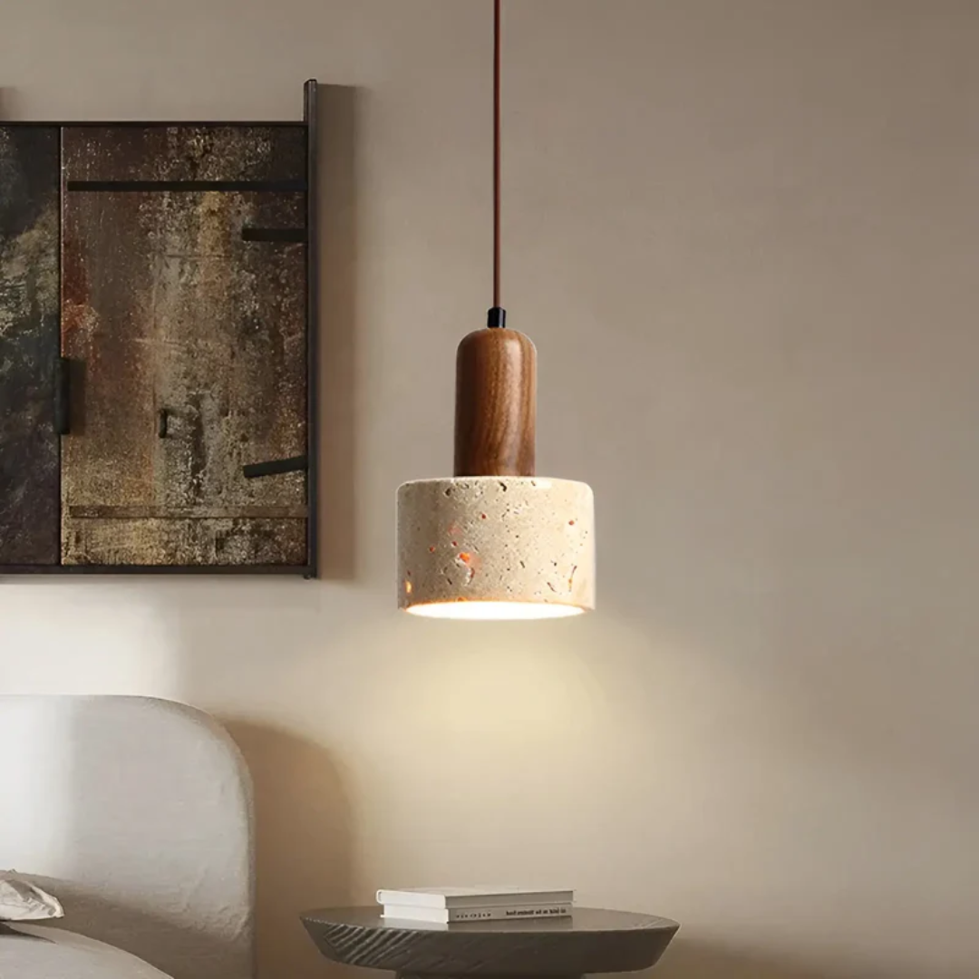 Pendellampe i travertin og valnøtt med sylinderform, Sandbeige og valnøtt