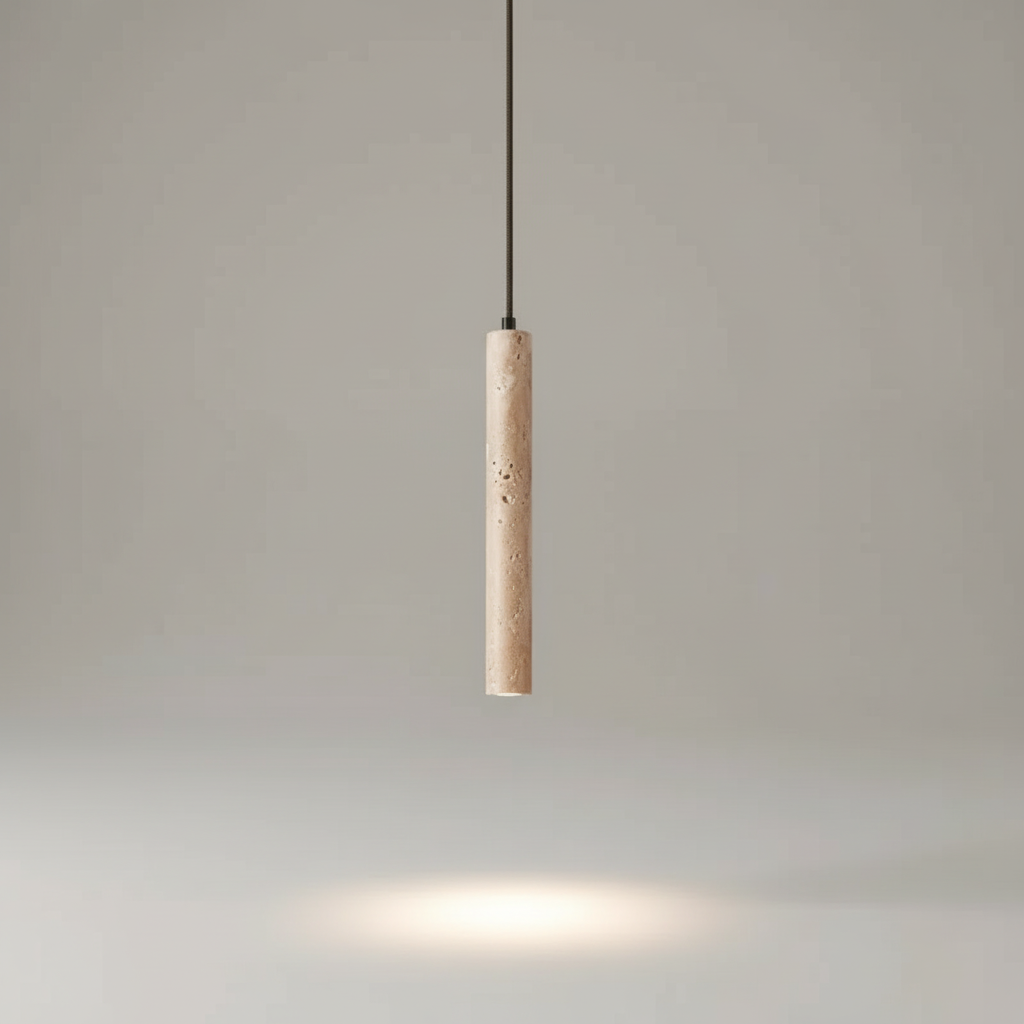 Pendellampe med smal sylinder i travertinoptikk, Sandbeige