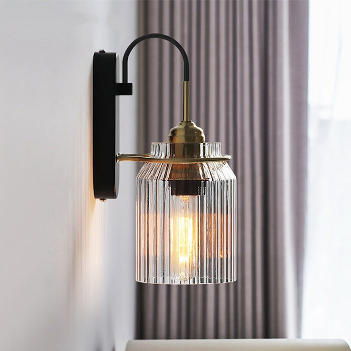 Retro vegglampe med riflet glass i svart og messing, Svart og messing