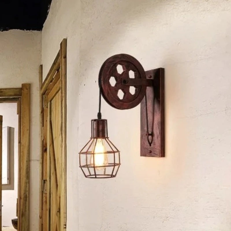 Retro vegglampe med trinse og metallbur i industristil, Antikk bronse, Rustpatina, Matt svart