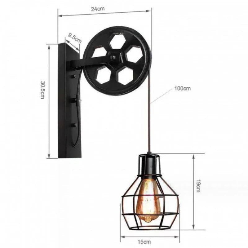 Retro vegglampe med trinse og metallbur i industristil, Antikk bronse, Rustpatina, Matt svart