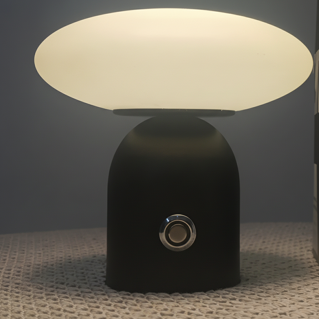 Sopplampe i svart med flat, hvit skjerm og batteri, Svart og hvit