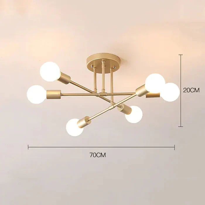 Sputnik taklampe med seks armer og hvite glasskuler, Matt svart, Antikk gull