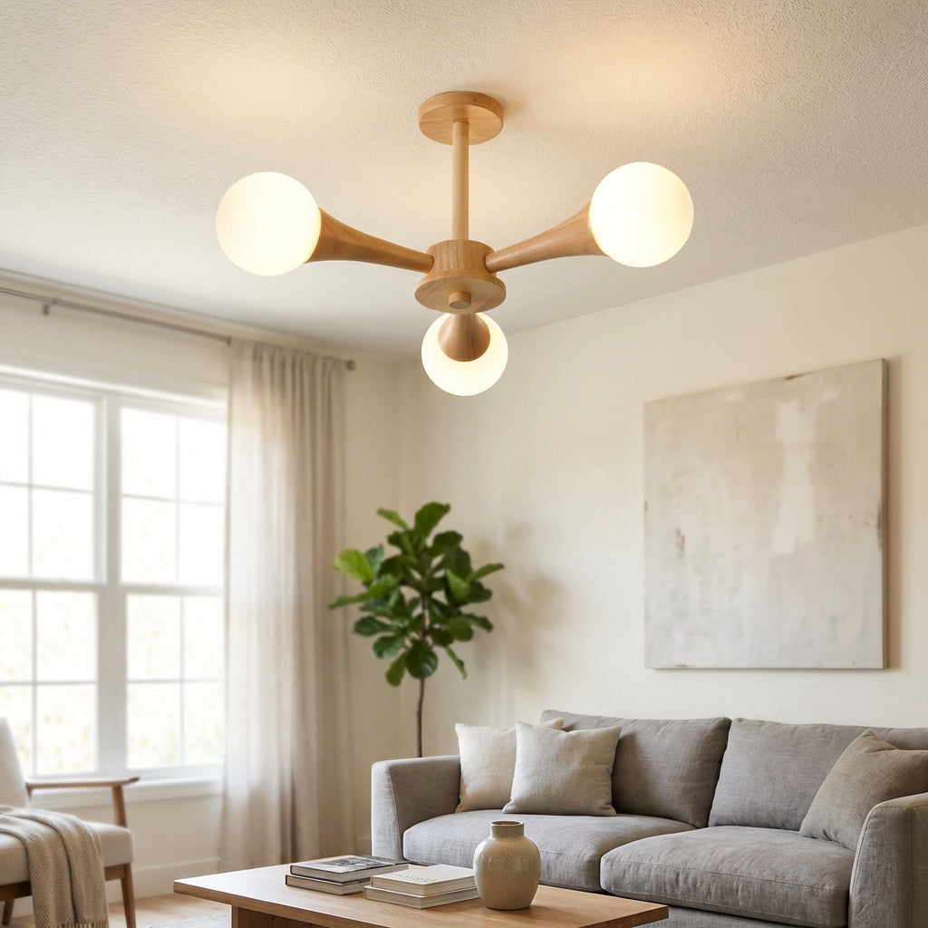 Taklampe i tre med armer og hvite kuler i glass, Natur og hvit
