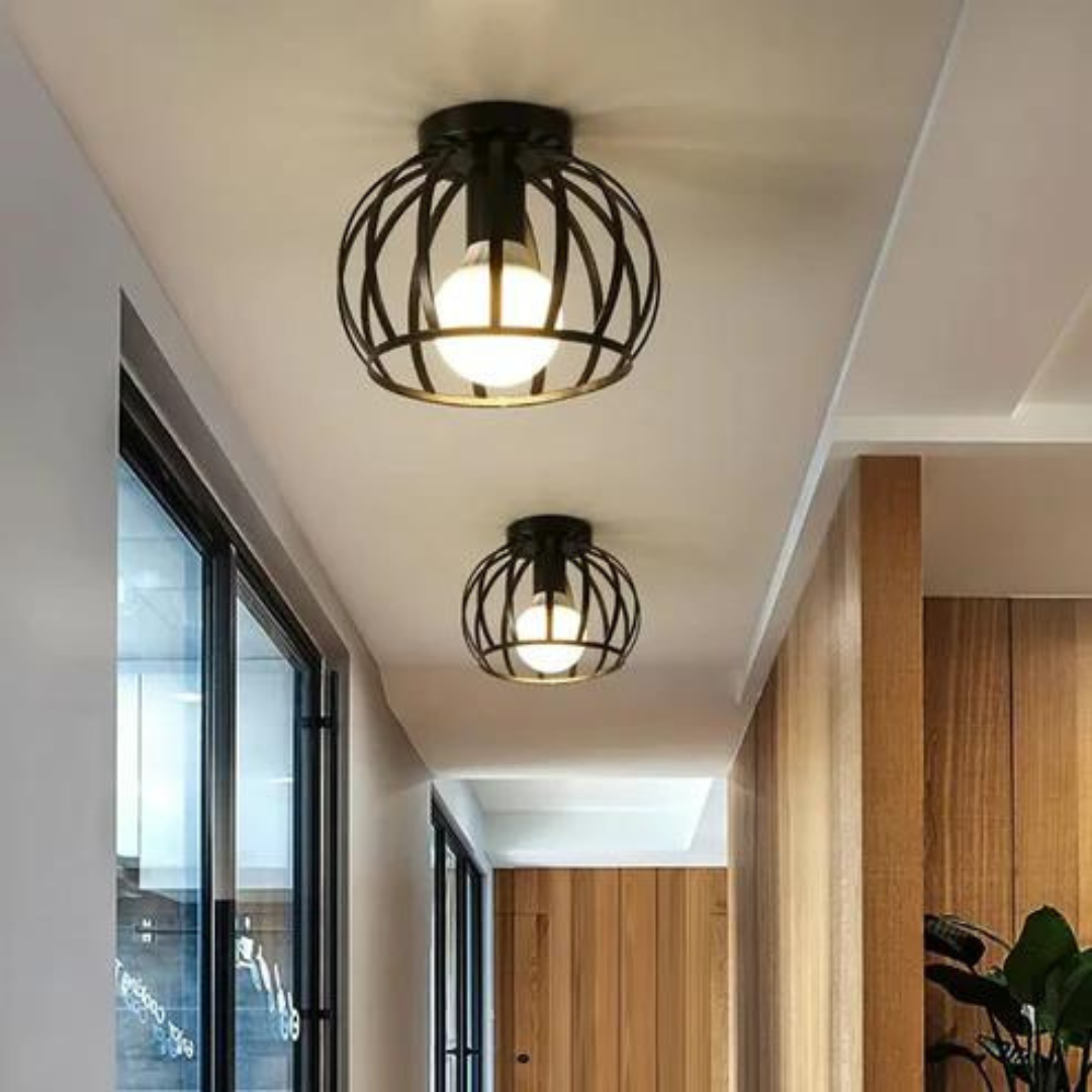 Taklampe med åpent metallbur i sort, rund kurvform, Svart