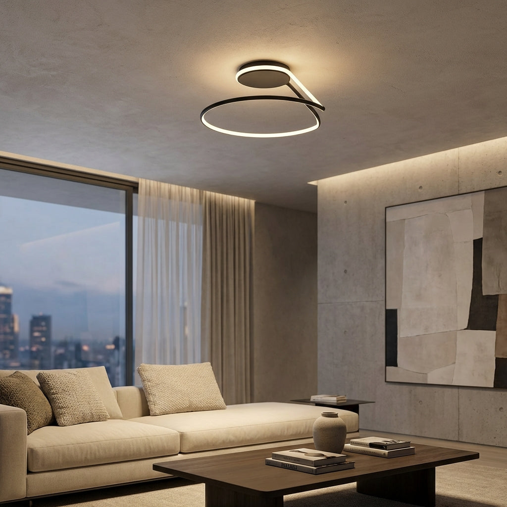 Taklampe med svart, buet lysring i moderne design, Svart