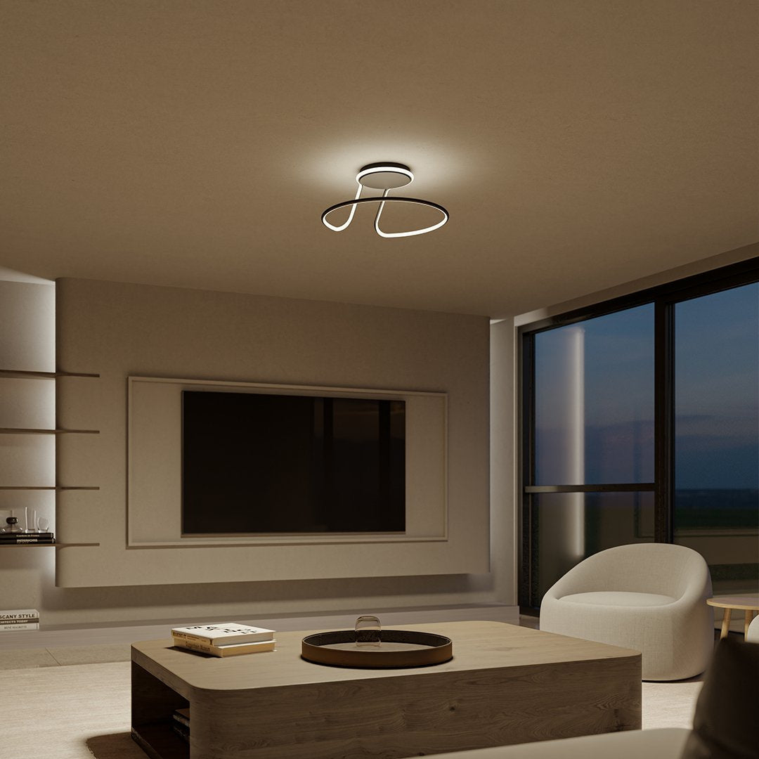 Taklampe med svart, buet lysring i moderne design, Svart