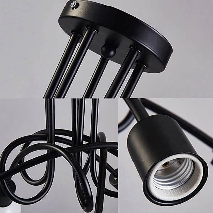 Taklampe med tre svarte buede armer og synlige pærer, Svart