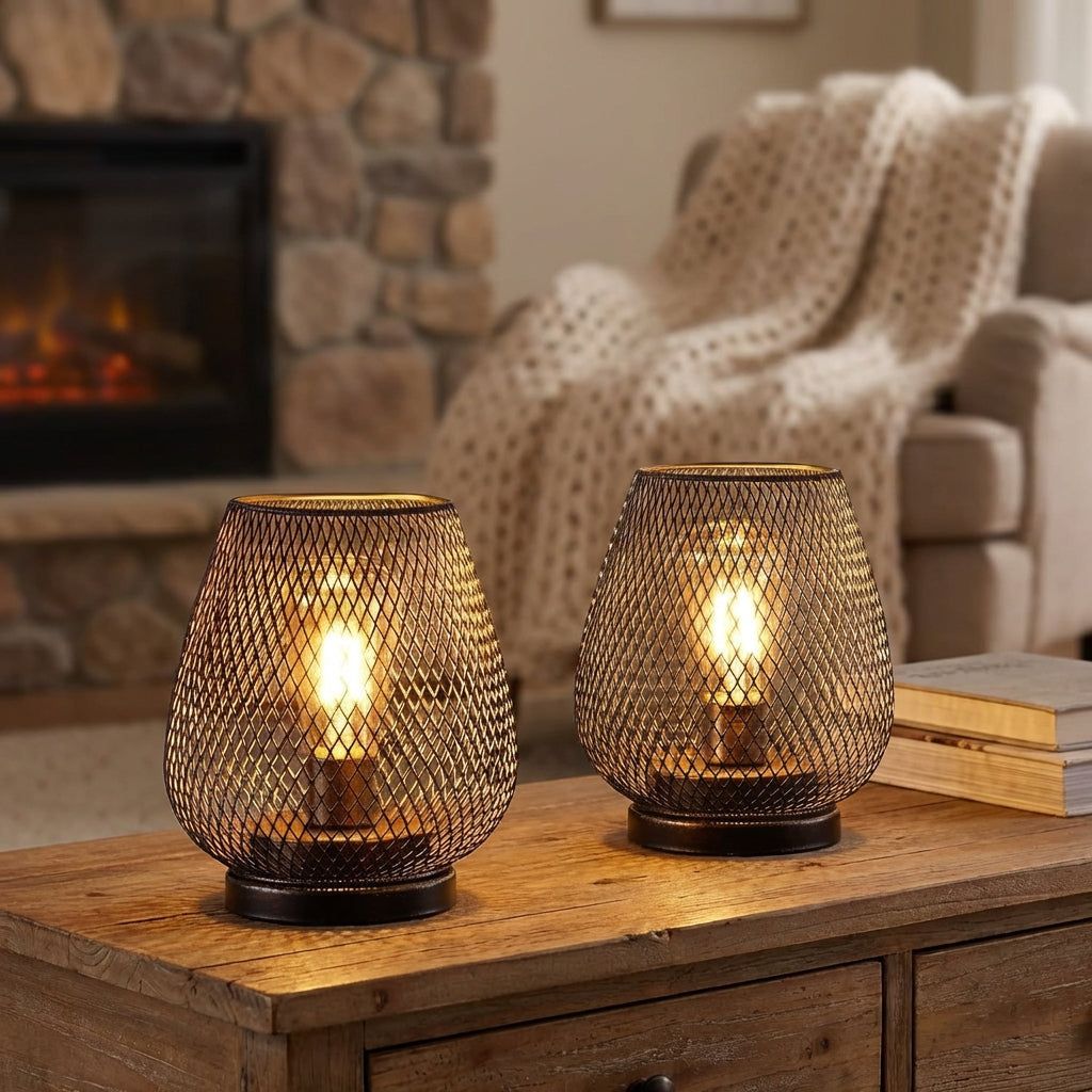 Trådløs bordlampe i sort metallnett, sett med to lamper, Svart
