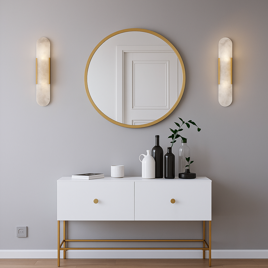 Vegglampe i marmor med oval form og metallramme, Gull, Svart