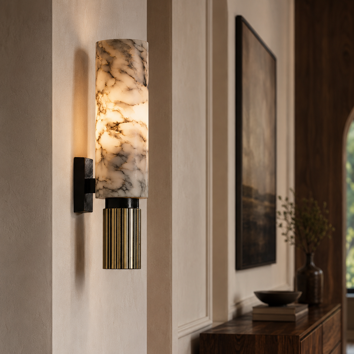 Vegglampe i marmor med slank sylinder og riflet fot, Hvit marmor og messing