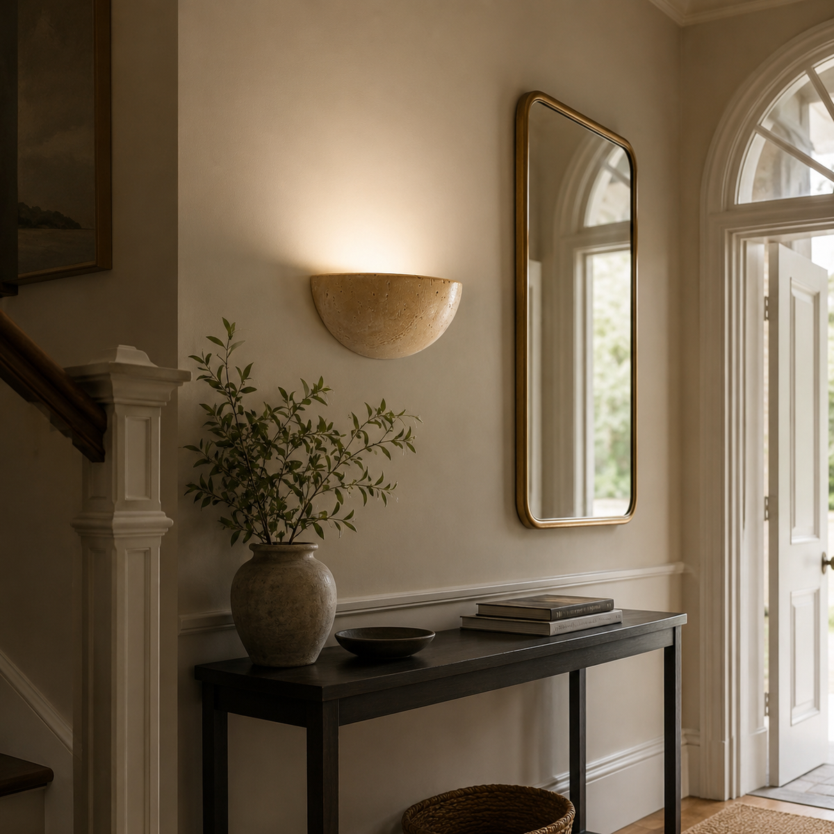 Vegglampe i travertin med halvrund skål og lys opp, Sandbeige