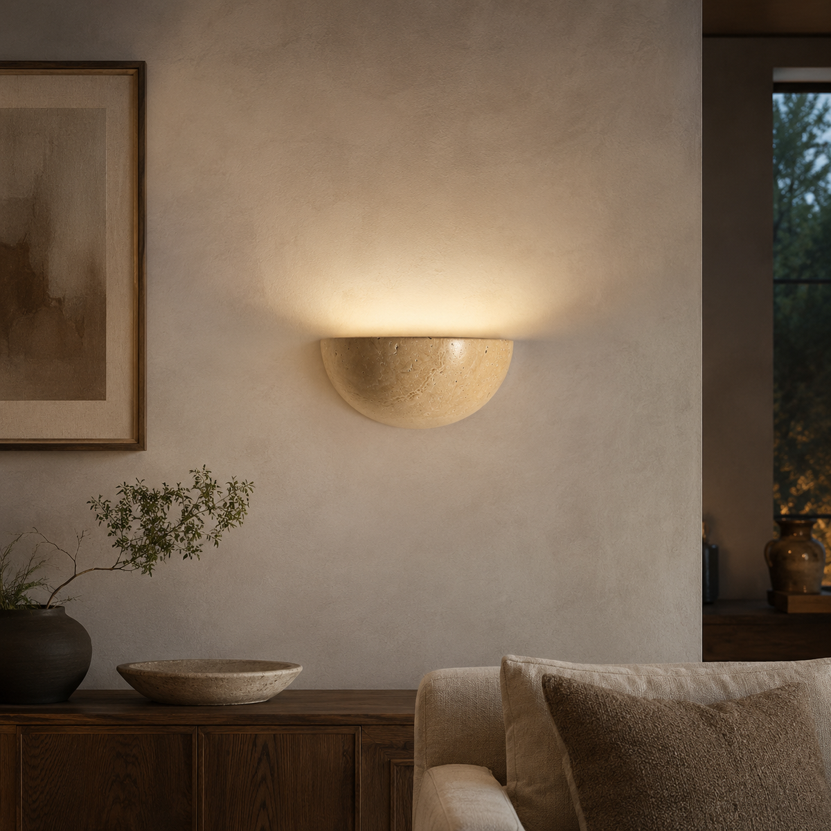 Vegglampe i travertin med halvrund skål og lys opp, Sandbeige