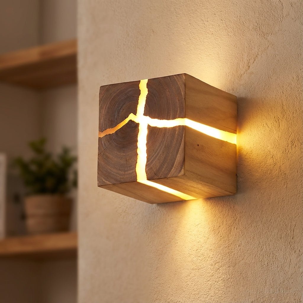 Vegglampe i tre formet som en kube med lysende sprekker, Natur