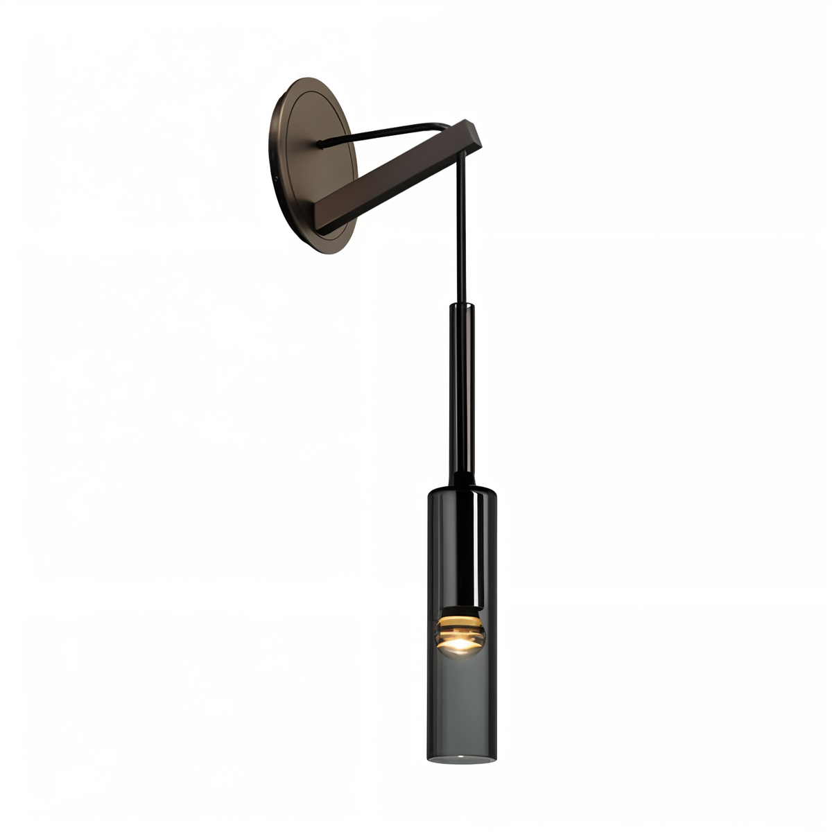 Vegglampe med hengende sylinder i røykfarget glass, Svart og røykgrå
