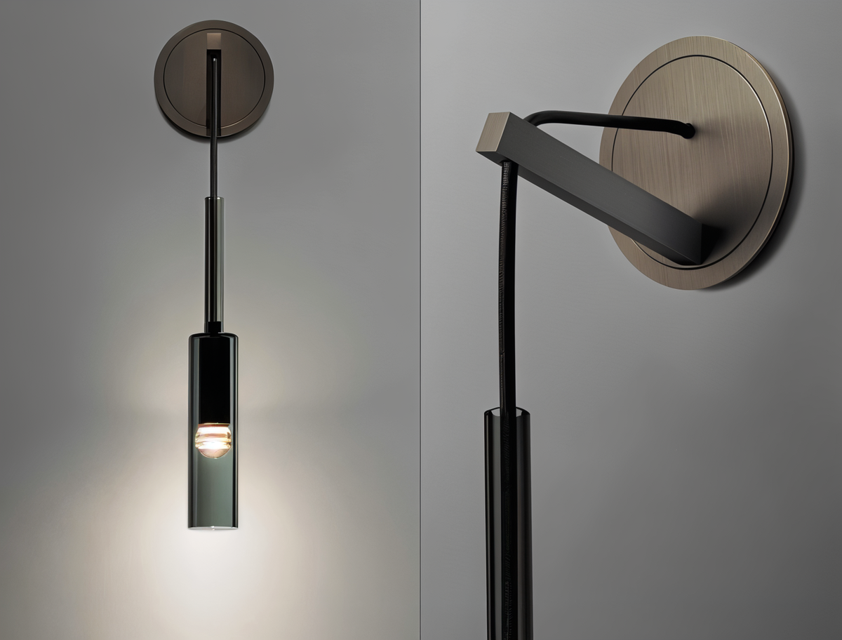 Vegglampe med hengende sylinder i røykfarget glass, Svart og røykgrå