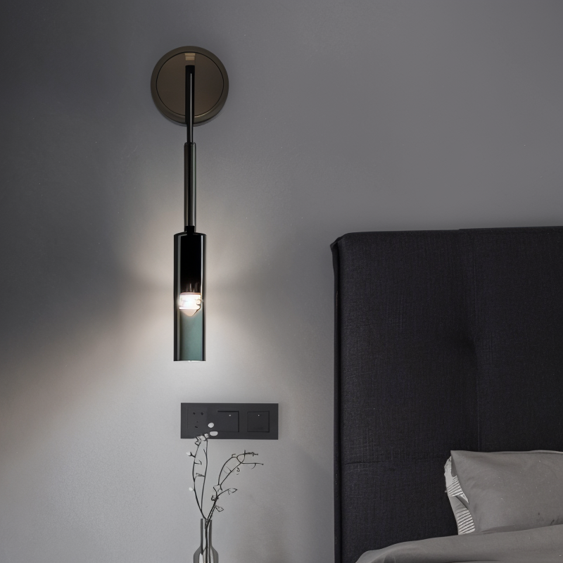 Vegglampe med hengende sylinder i røykfarget glass, Svart og røykgrå