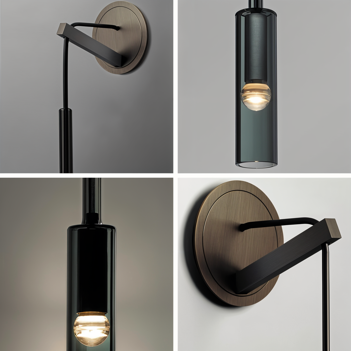 Vegglampe med hengende sylinder i røykfarget glass, Svart og røykgrå