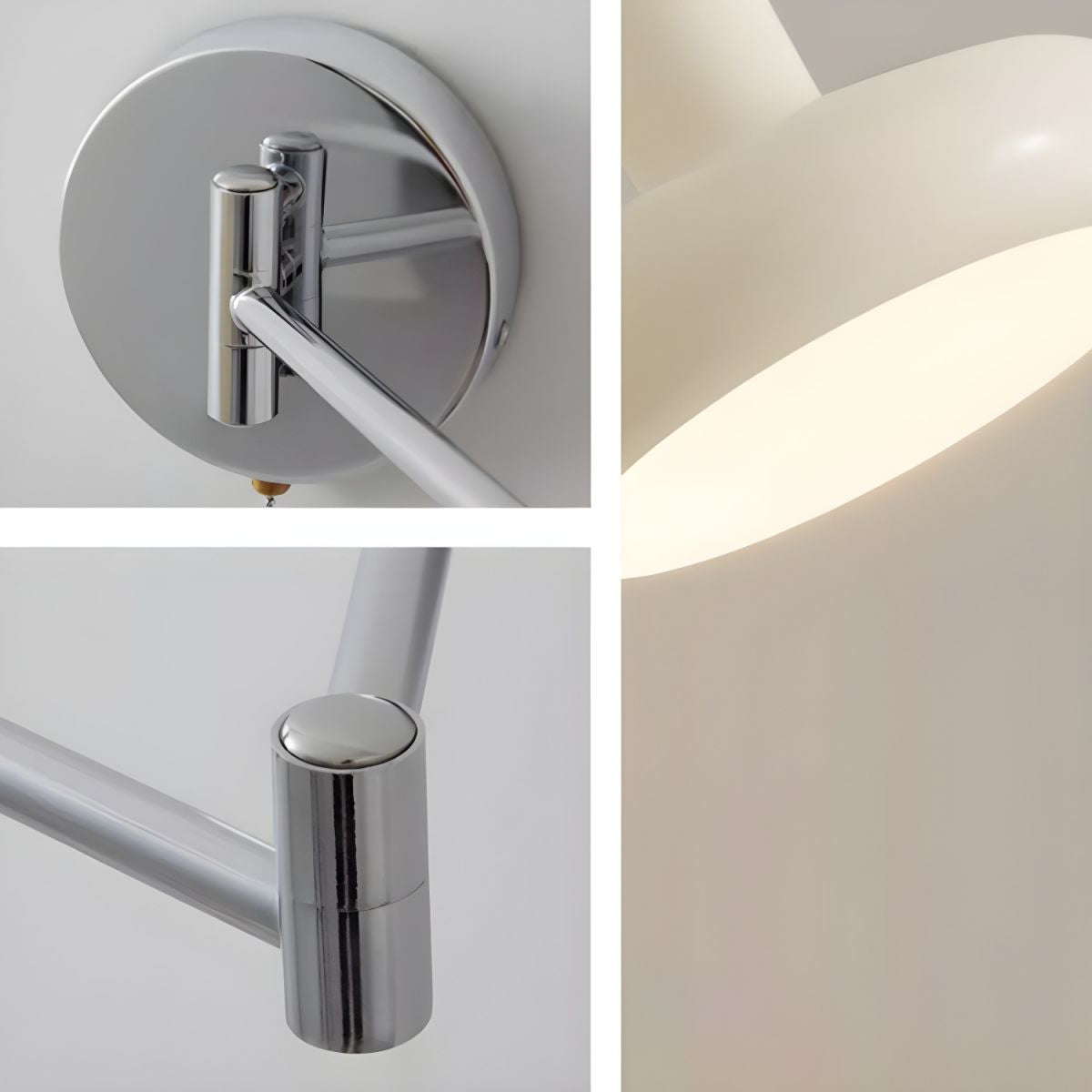 Vegglampe med svingarm og hvit skjerm i Bauhaus-stil, Hvit og krom
