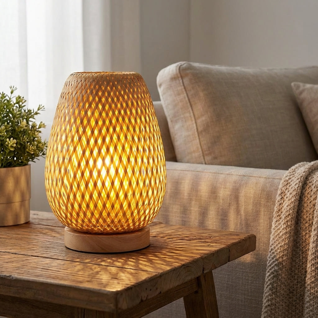 Bambus lampe for bordet med flettet eggform og trefot, Natur