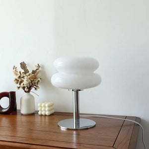 Bauhaus lampe i glass med to skiver på krom fot, Hvit
