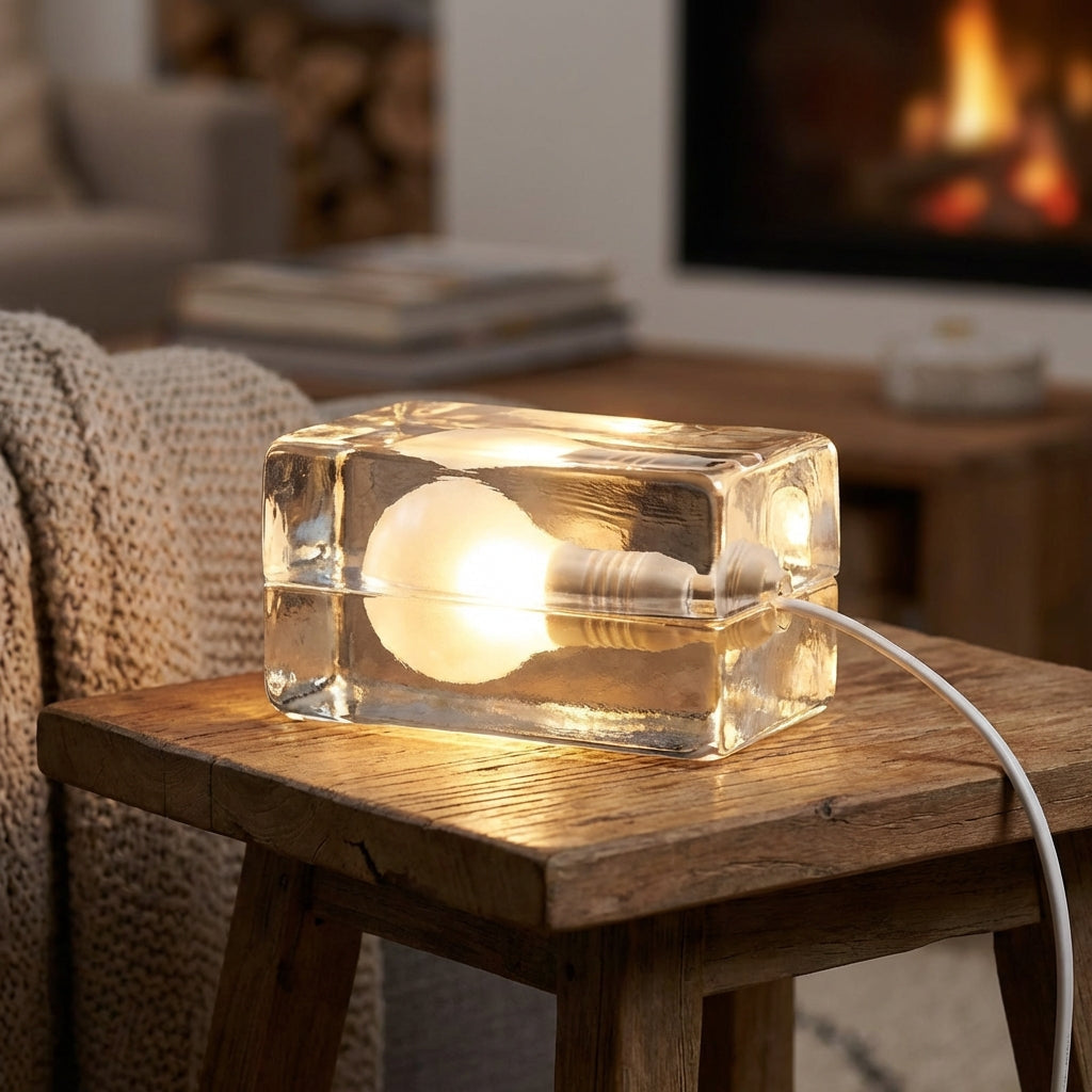 Bordlampe i form av en klar glassblokk med pære inni, Klar