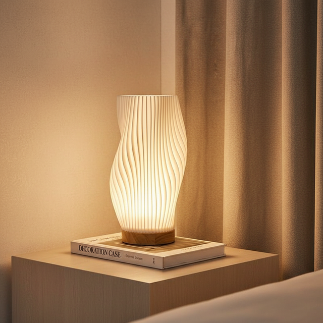 Bordlampe med bølget, hvit skjerm og USB-strøm, Hvit
