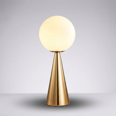 Bordlampe med kjegleformet fot i gullfarge og glasskule, Gull og hvit